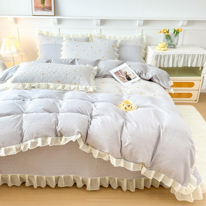 91家纺网 家纺一手货源 找家纺 晨晨家纺 2025新款皱皱纱棉拼色床盖四件套 南瓜派