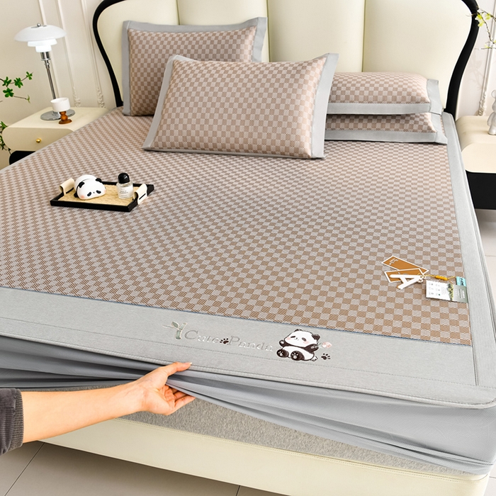 91家纺网 家纺一手货源 找家纺 小牛席业 2025新款棋盘格-熊猫凉感冰丝席系列（床笠款） 咖色