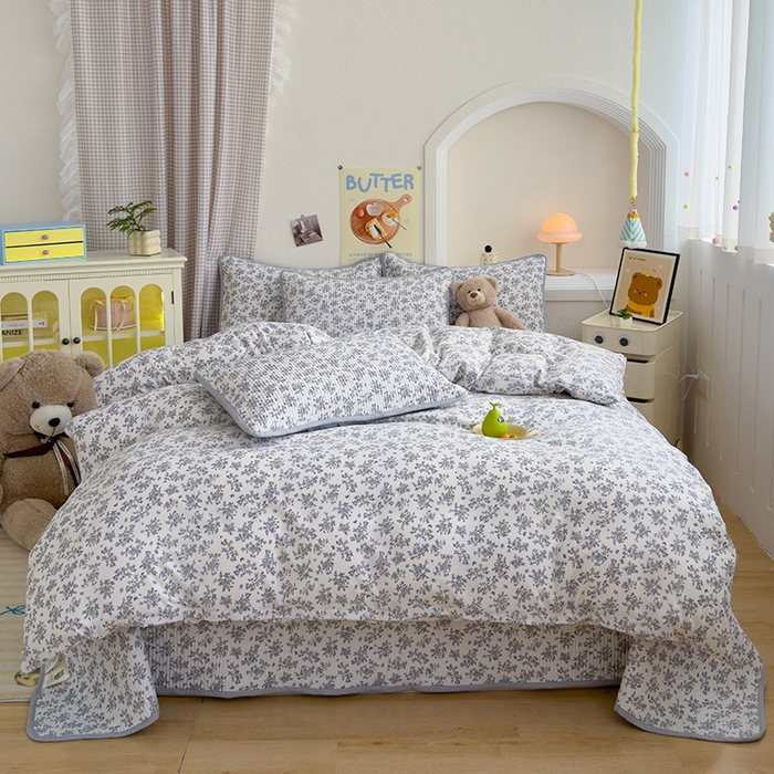 91家纺网 家纺一手货源 找家纺 赫梵茜 2025新款有氧针织双层纱单床盖床盖三件套床盖四件套 萱花 -灰