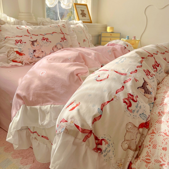 91家纺网 家纺一手货源 找家纺 浩诚 2025新款洛丽塔纯棉花边款四件套 苹果派