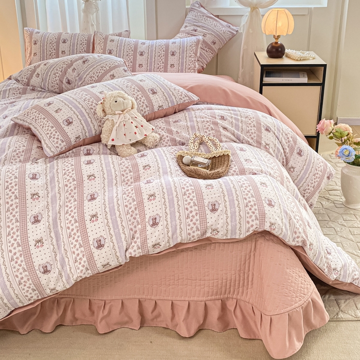 91家纺网 家纺一手货源 找家纺 一比一家纺 2025新款针织双层纱床盖四件套 格林童话