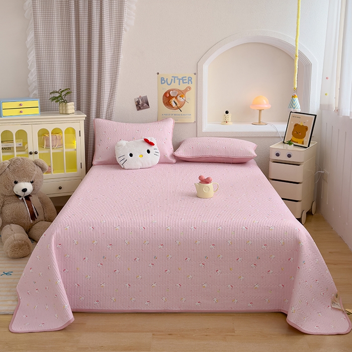 91家纺网 家纺一手货源 找家纺 赫梵茜 2025新款有氧针织双层纱单床盖床盖三件套床盖四件套 kT猫