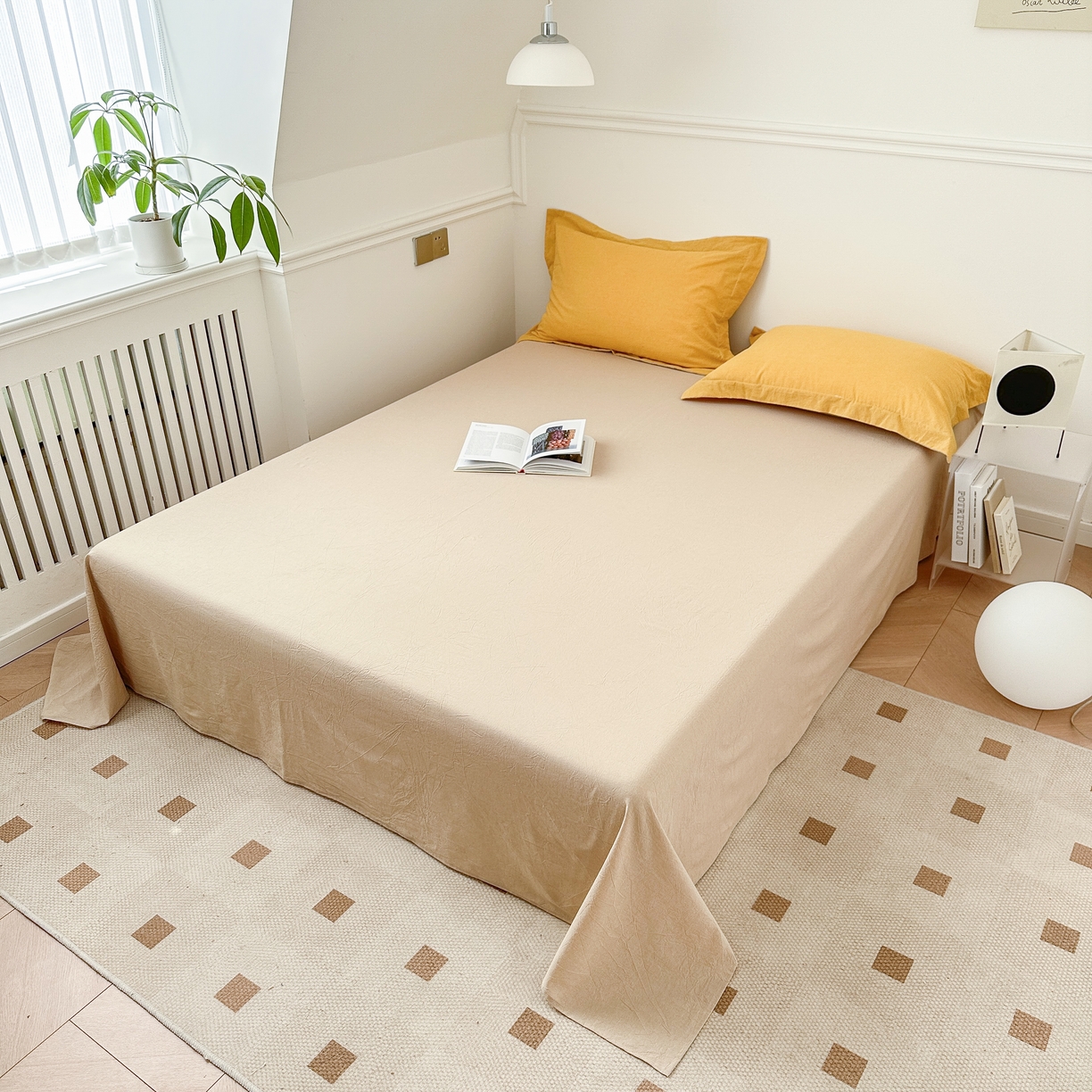 91家纺网 家纺一手货源 找家纺 嘉汀兰家居  2025新款A类母婴级有氧全棉色织水洗棉小清新印花床单单品单床单床单单件 驼米