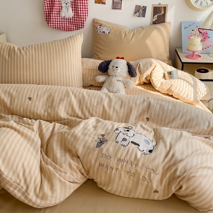 耀悦家纺2025新款a类纯棉双层纱绣花四件套 条纹小奶狗