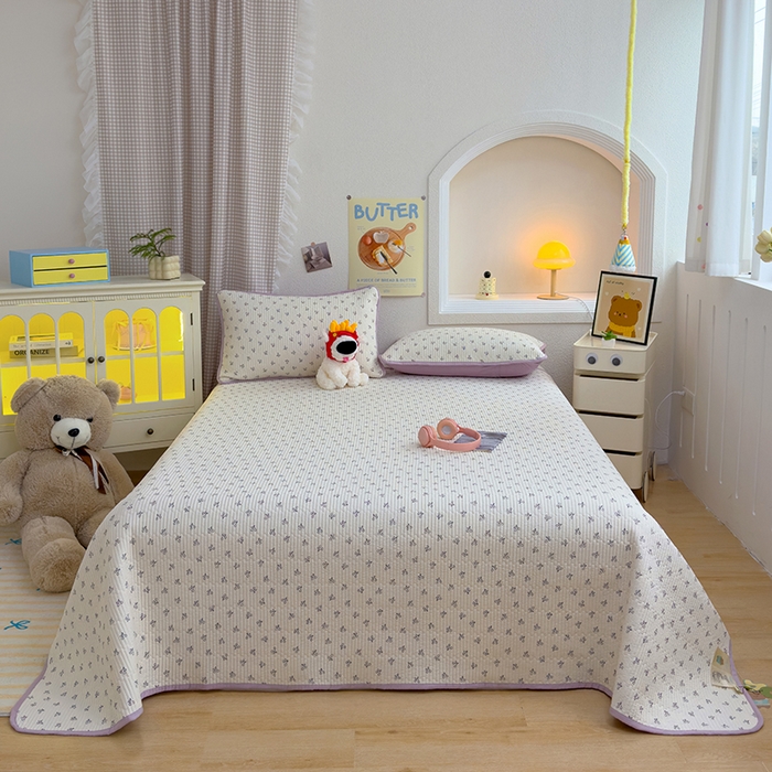 91家纺网 家纺一手货源 找家纺 赫梵茜 2025新款有氧针织双层纱单床盖床盖三件套床盖四件套 线条樱桃