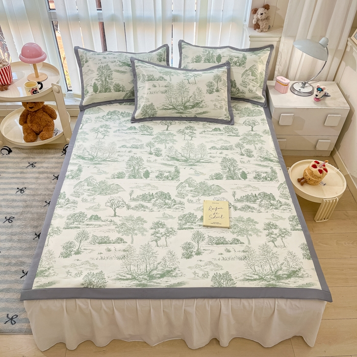 91家纺网 家纺一手货源 找家纺 川悦生活 2025新款600D立体宽边冰丝印花凉席 复古欧庭-绿