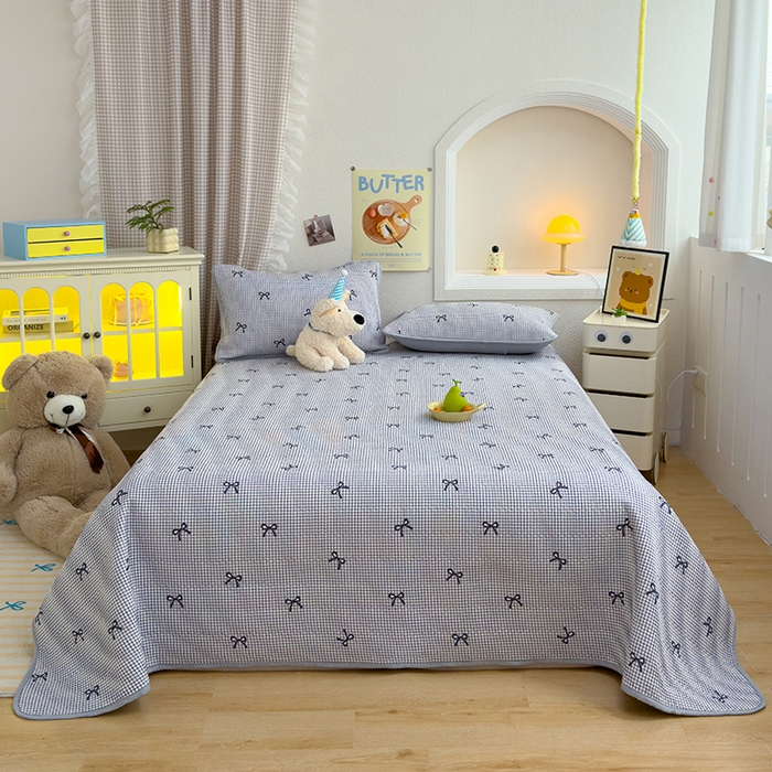 91家纺网 家纺一手货源 找家纺 赫梵茜 2025新款有氧针织双层纱单床盖床盖三件套床盖四件套 格子蝴蝶结