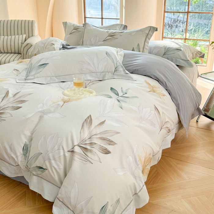 91家纺网 家纺一手货源 找家纺 7V 2025新款轻奢大宽边100%纯棉四件套133*76全棉喷气宽幅长绒棉被套床单床笠套件 醒春集-灰