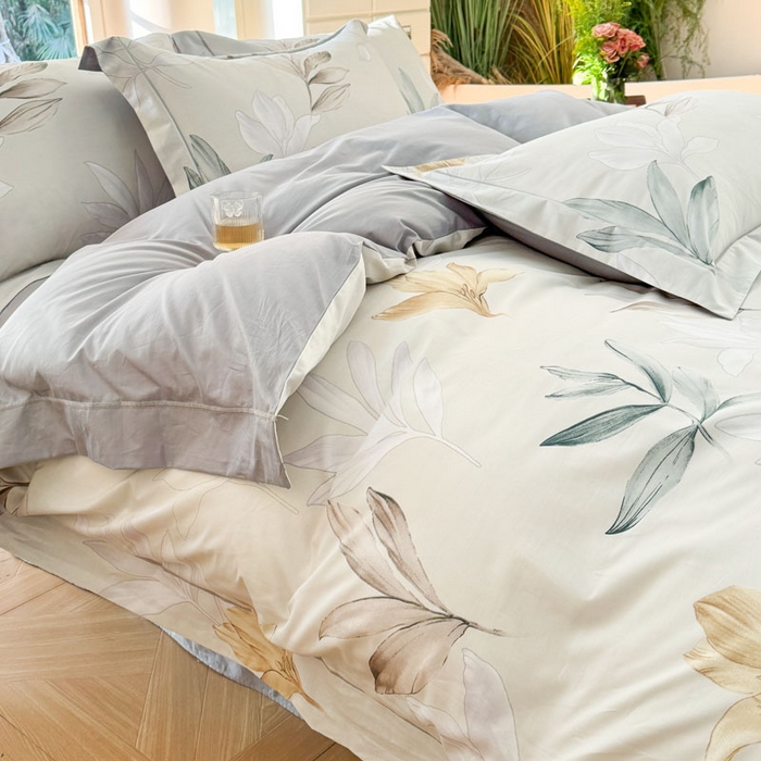 91家纺网 家纺一手货源 找家纺 7V 2025新款轻奢大宽边100%纯棉四件套133*76全棉喷气宽幅长绒棉被套床单床笠套件 醒春集-灰