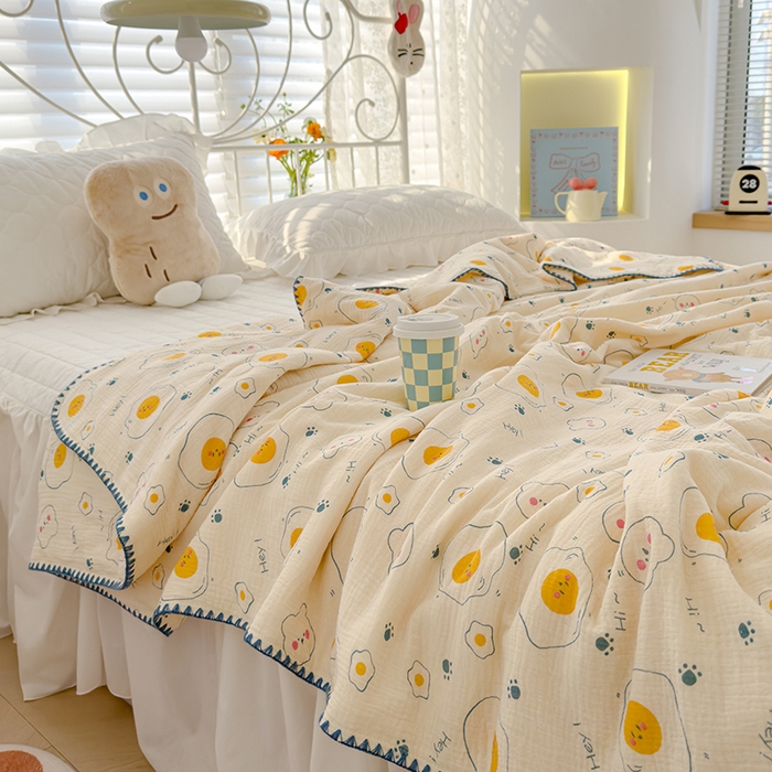 91家纺网 家纺一手货源 找家纺 芯恋 2025新款母婴级全棉皱皱纱儿童被双层纱夏被 荷包蛋