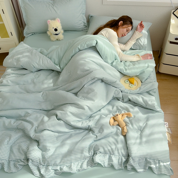 91家纺网 家纺一手货源 找家纺 默忆 2025新款水洗棉双层纱花边夏被夏凉被空调被被子被芯 浅绿小格