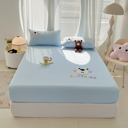 眠帛家居 2025新款A类水洗棉卡通毛巾绣单床笠 小熊-天空蓝