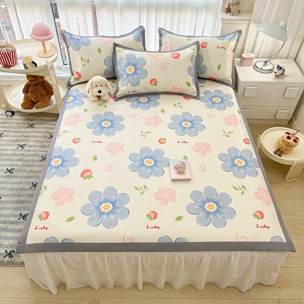 川悦生活 2025新款600D立体宽边冰丝印花凉席 blue奶花-米白