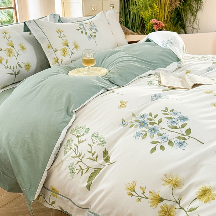 91家纺网 家纺一手货源 找家纺 7V 2025新款轻奢大宽边100%纯棉四件套133*76全棉喷气宽幅长绒棉被套床单床笠套件 浣溪花-米