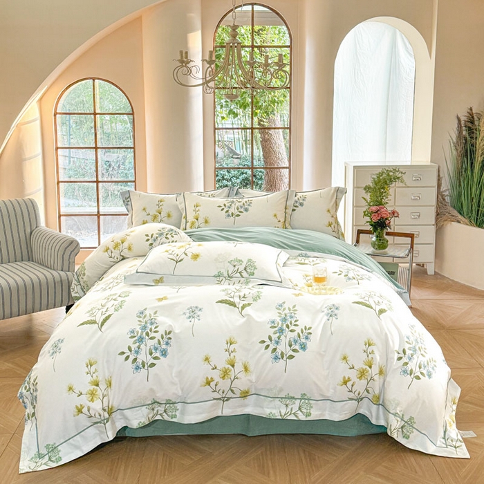 91家纺网 家纺一手货源 找家纺 7V 2025新款轻奢大宽边100%纯棉四件套133*76全棉喷气宽幅长绒棉被套床单床笠套件 浣溪花-米