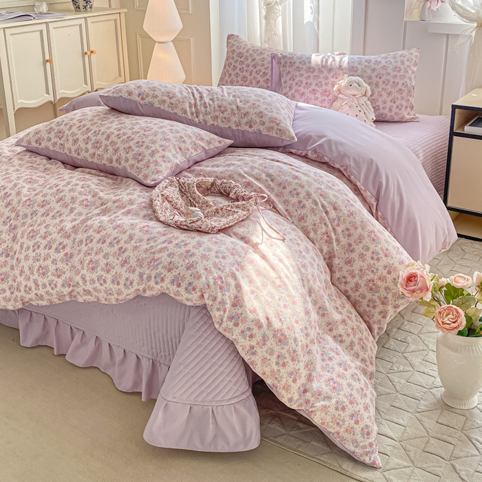 91家纺网 家纺一手货源 找家纺 一比一家纺 2025新款针织双层纱床盖四件套 春天里