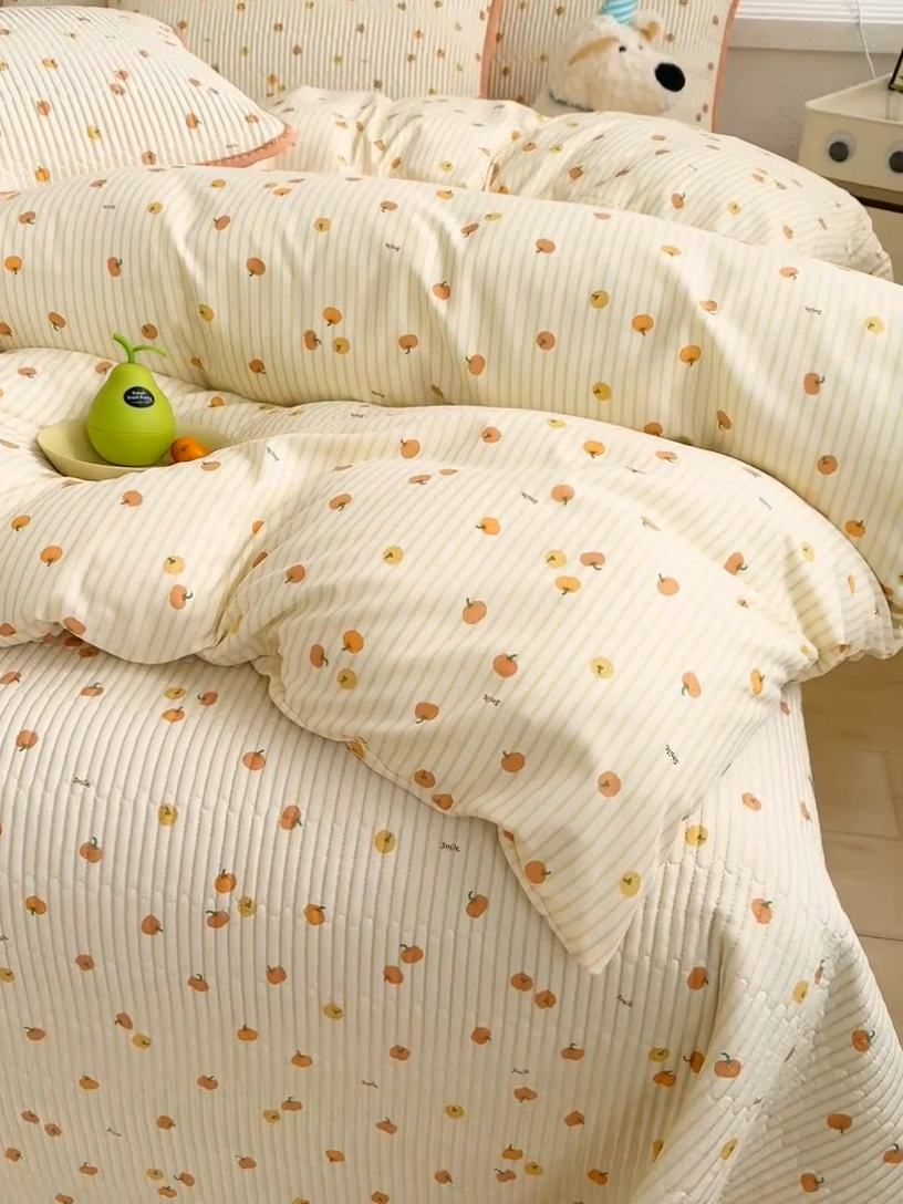 91家纺网 家纺一手货源 找家纺 赫梵茜 2025新款有氧针织双层纱单床盖床盖三件套床盖四件套 小南瓜