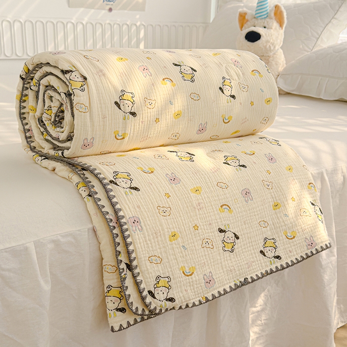 91家纺网 家纺一手货源 找家纺 芯恋 2025新款母婴级全棉皱皱纱儿童被双层纱夏被 霓虹小狗