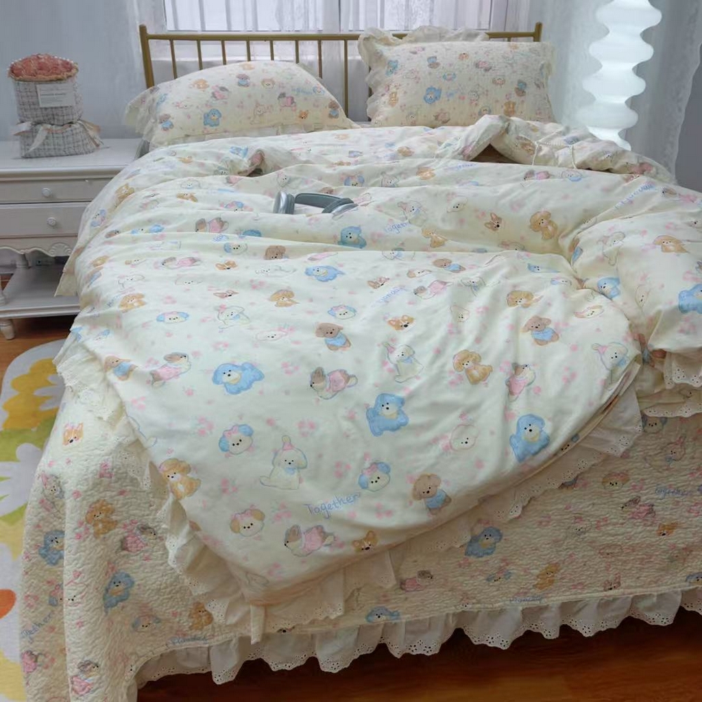 91家纺网 家纺一手货源 找家纺 暖居 2025春夏款高温砂洗棉花床盖三件套被套四件套同款纯棉夏被空调被四季 泡芙小奶狗