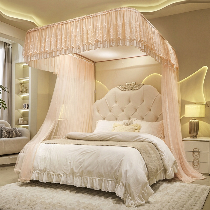 91家纺网 家纺一手货源 找家纺 夏彩 2025新款绣花加柔加密铝合金接口高度可调节轨道蚊帐88620 88620杏色