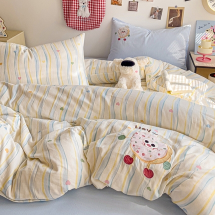 耀悦家纺2025新款a类纯棉双层纱绣花四件套 曲奇饼干蓝