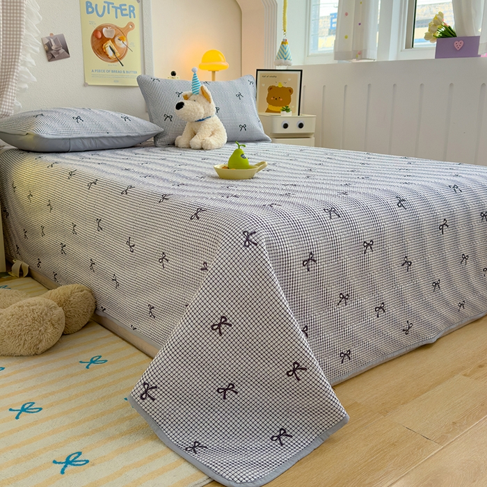 91家纺网 家纺一手货源 找家纺 赫梵茜 2025新款有氧针织双层纱单床盖床盖三件套床盖四件套 格子蝴蝶结