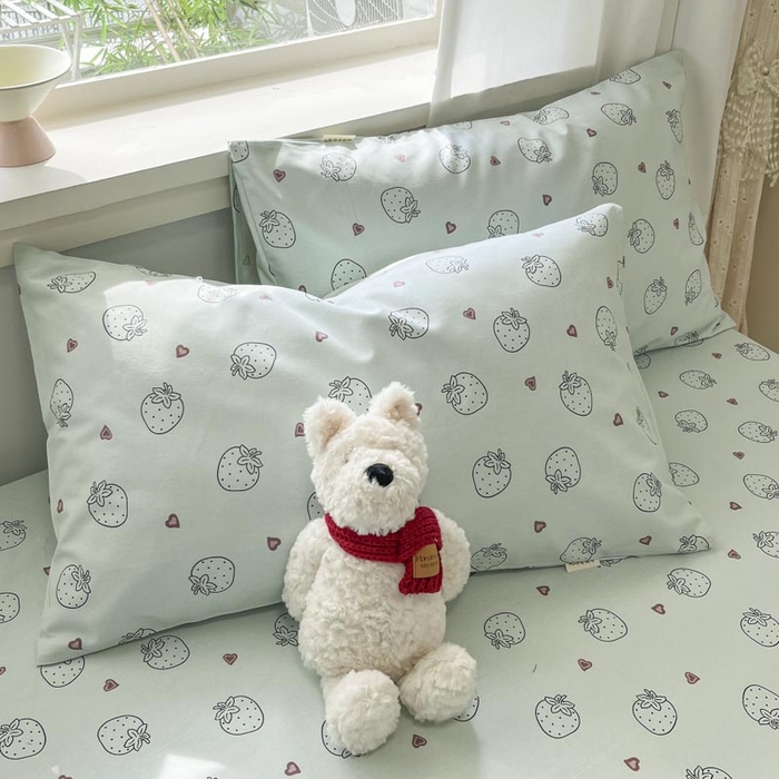 91家纺网 家纺一手货源 找家纺 新印象2025新款直角纯棉老粗布套件 床笠款 老粗布-草莓蓝 (