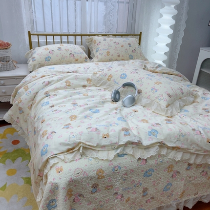 暖居 2025春夏款高温砂洗棉花床盖三件套被套四件套同款纯棉夏被空调被四季 泡芙小奶狗