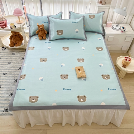 川悦生活 2025新款600D立体宽边冰丝印花凉席 奶味D熊仔