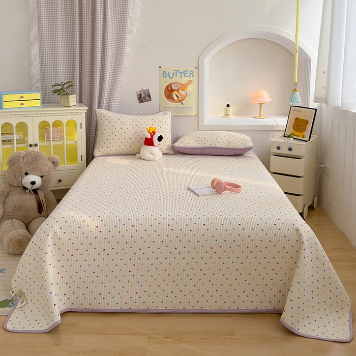 91家纺网 家纺一手货源 找家纺 赫梵茜 2025新款有氧针织双层纱单床盖床盖三件套床盖四件套 彩色心心