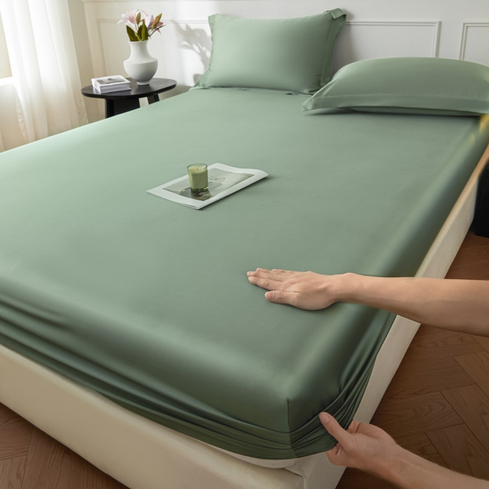 91家纺网 家纺一手货源 找家纺 涵宸2025新款天丝-天丝棉-纯色单床笠-场景1 床笠-赛琳绿