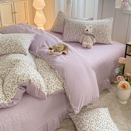 91家纺网 家纺一手货源 找家纺 一比一家纺 2025新款针织双层纱床盖四件套 紫罗兰