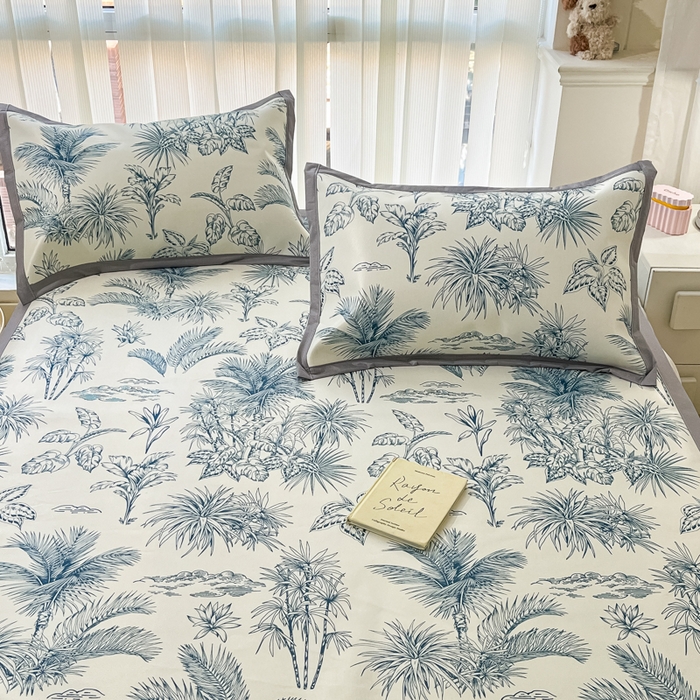 91家纺网 家纺一手货源 找家纺 川悦生活 2025新款600D立体宽边冰丝印花凉席 森林丛野-蓝