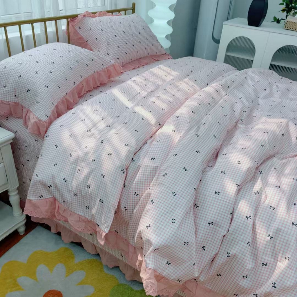 91家纺网 家纺一手货源 找家纺 暖居 2025春夏款高温砂洗棉花床盖三件套被套四件套同款纯棉夏被空调被四季 点点蝴蝶结