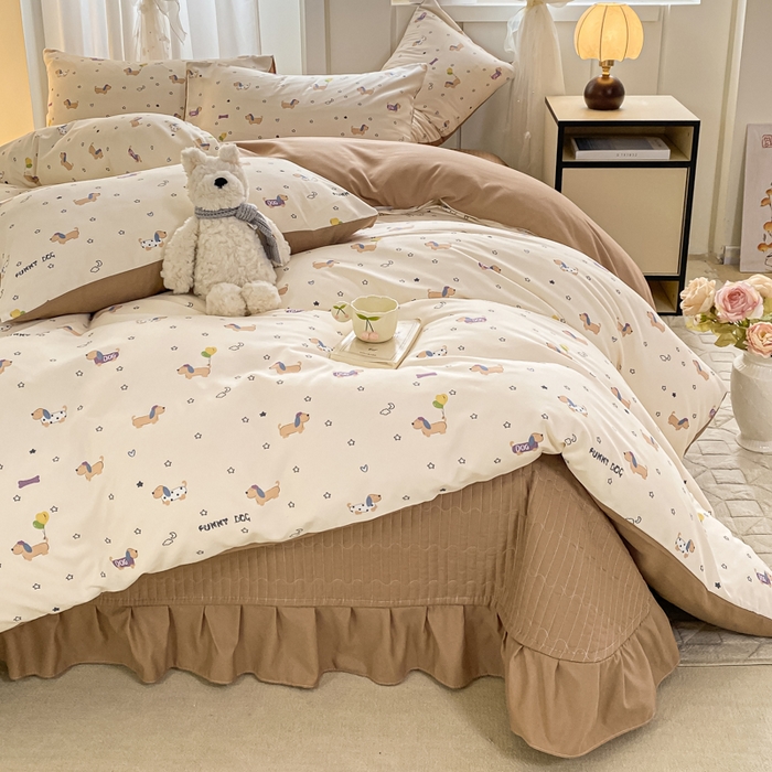 91家纺网 家纺一手货源 找家纺 一比一家纺 2025新款针织双层纱床盖四件套 狗狗家族