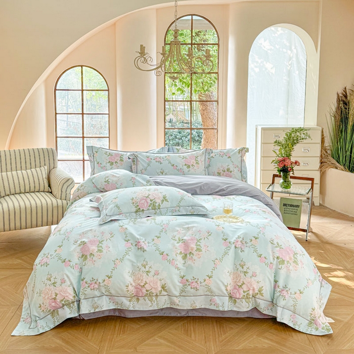 91家纺网 家纺一手货源 找家纺 7V 2025新款轻奢大宽边100%纯棉四件套133*76全棉喷气宽幅长绒棉被套床单床笠套件 曼妙