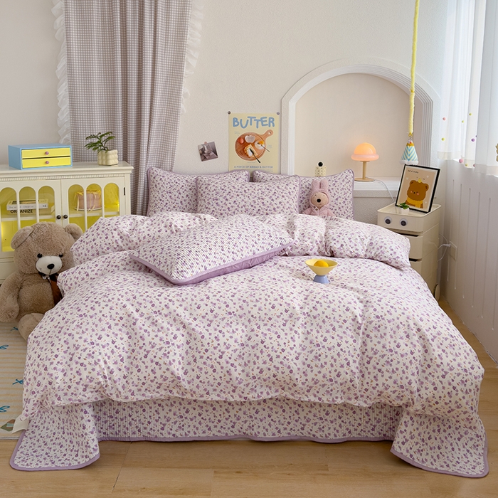 91家纺网 家纺一手货源 找家纺 赫梵茜 2025新款有氧针织双层纱单床盖床盖三件套床盖四件套 花语-紫