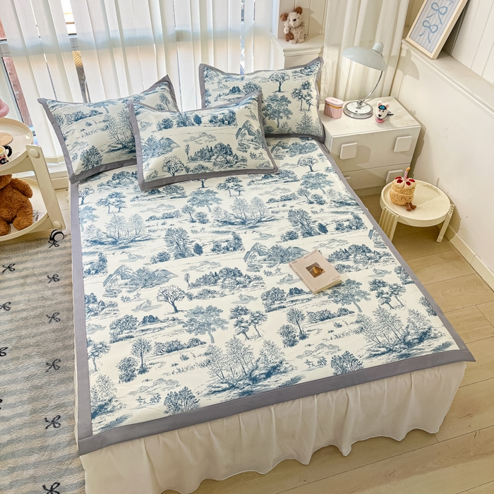 91家纺网 家纺一手货源 找家纺 川悦生活 2025新款600D立体宽边冰丝印花凉席 复古欧庭-蓝