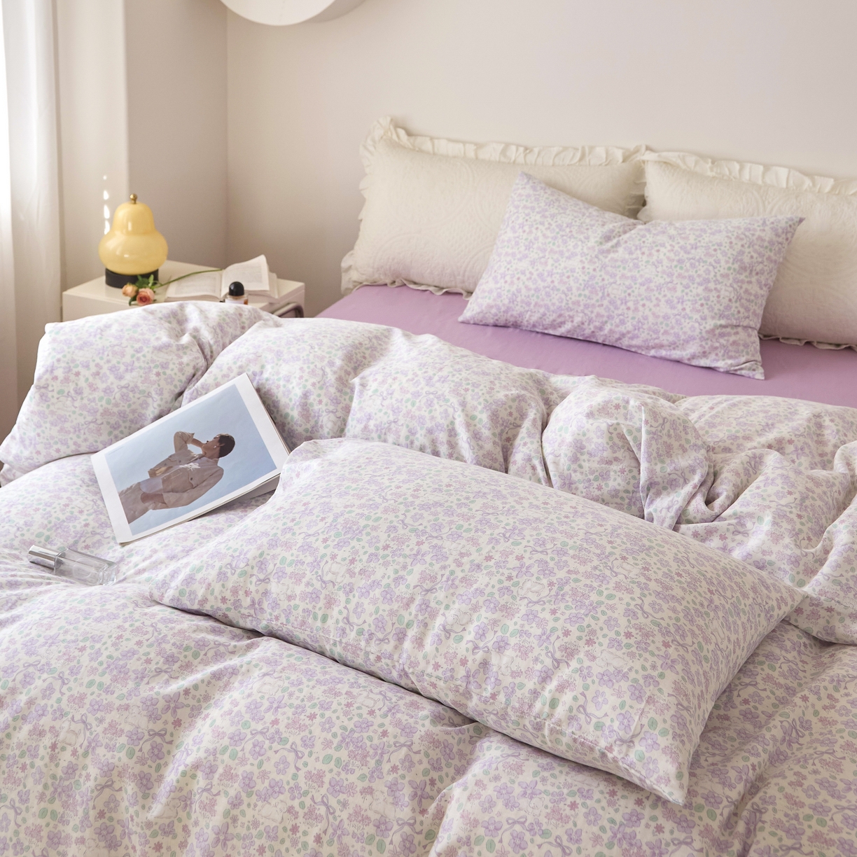 91家纺网 家纺一手货源 找家纺 嘉汀兰家居 2025新款圆角花边款全棉纯棉A类母婴级有氧全棉双层纱亲肤全棉小清新印花四件套 春意