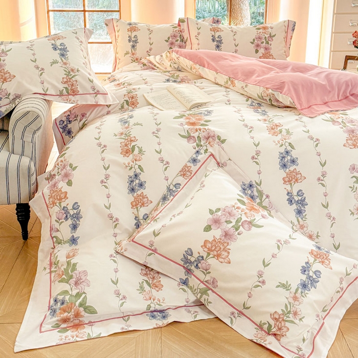 91家纺网 家纺一手货源 找家纺 7V 2025新款轻奢大宽边100%纯棉四件套133*76全棉喷气宽幅长绒棉被套床单床笠套件 眷恋