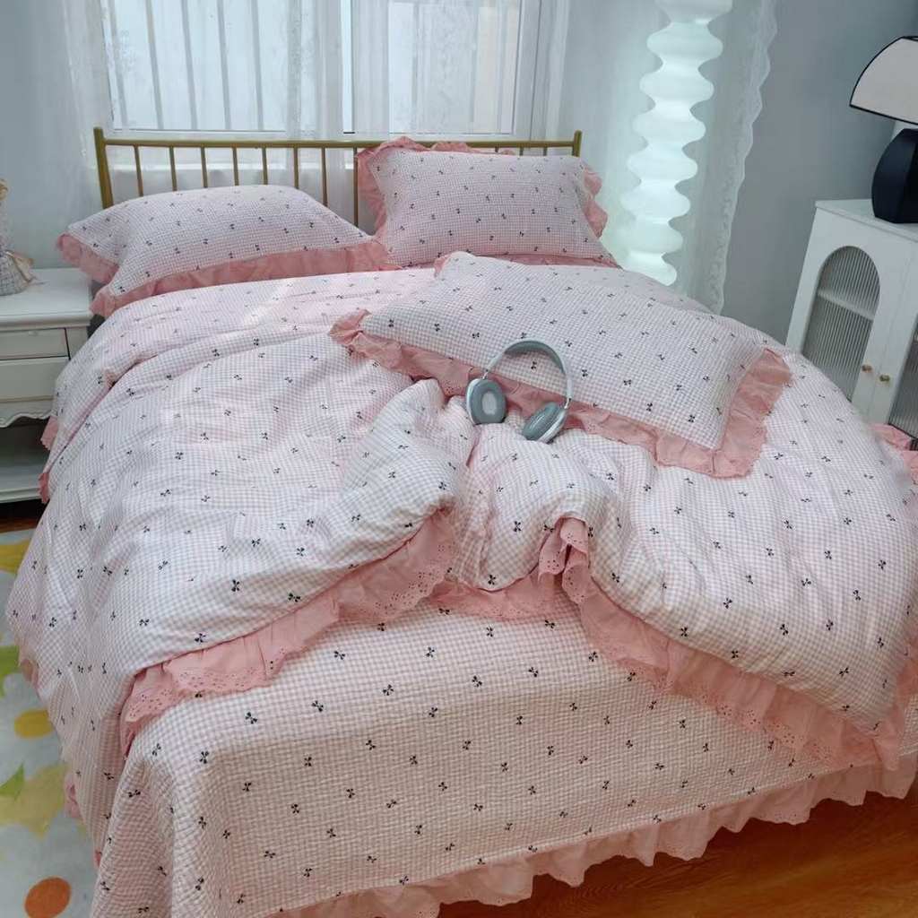 91家纺网 家纺一手货源 找家纺 暖居 2025春夏款高温砂洗棉花床盖三件套被套四件套同款纯棉夏被空调被四季 点点蝴蝶结