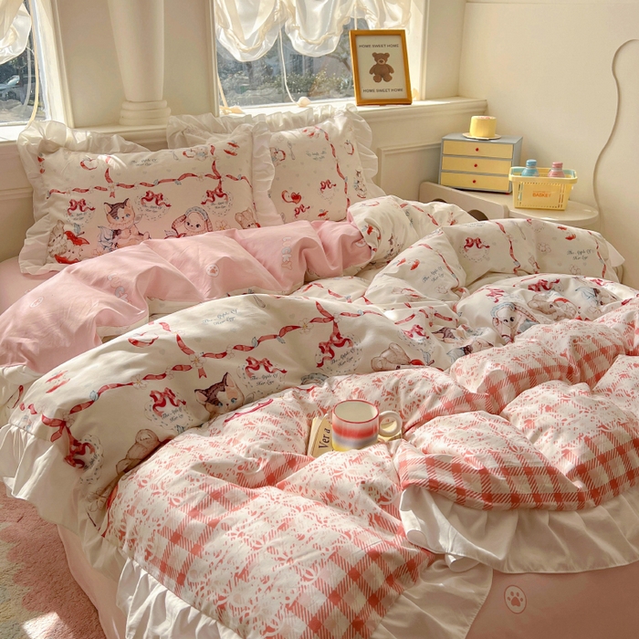 91家纺网 家纺一手货源 找家纺 浩诚 2025新款洛丽塔纯棉花边款四件套 苹果派