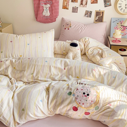 耀悦家纺2025新款a类纯棉双层纱绣花四件套 曲奇饼干-粉