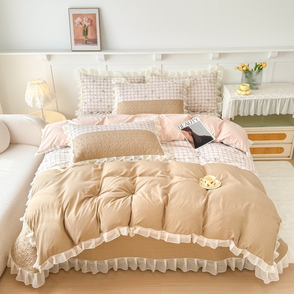 晨晨家纺 2025新款皱皱纱棉拼色床盖四件套 爱心犬