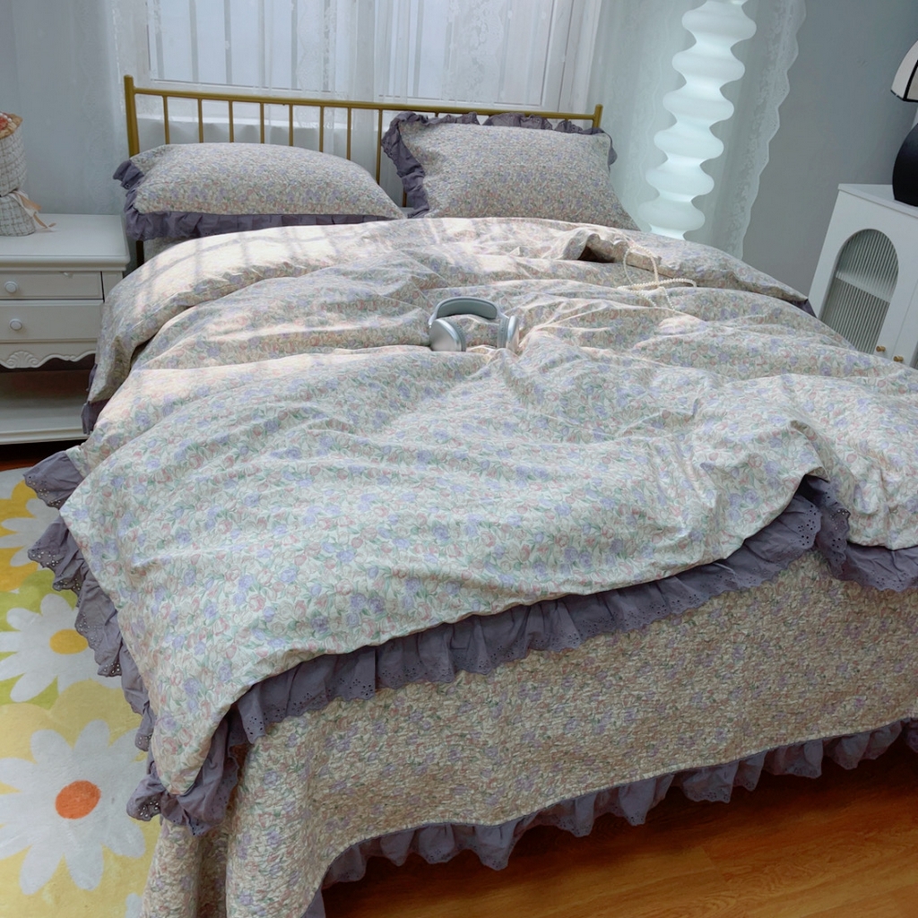 91家纺网 家纺一手货源 找家纺 暖居 2025春夏款高温砂洗棉花床盖三件套被套四件套同款纯棉夏被空调被四季 紫韵