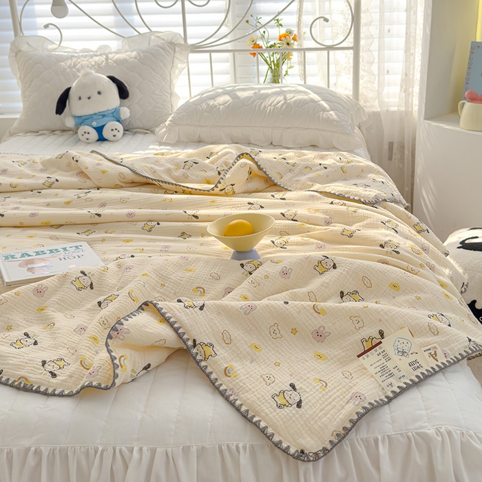 91家纺网 家纺一手货源 找家纺 芯恋 2025新款母婴级全棉皱皱纱儿童被双层纱夏被 霓虹小狗