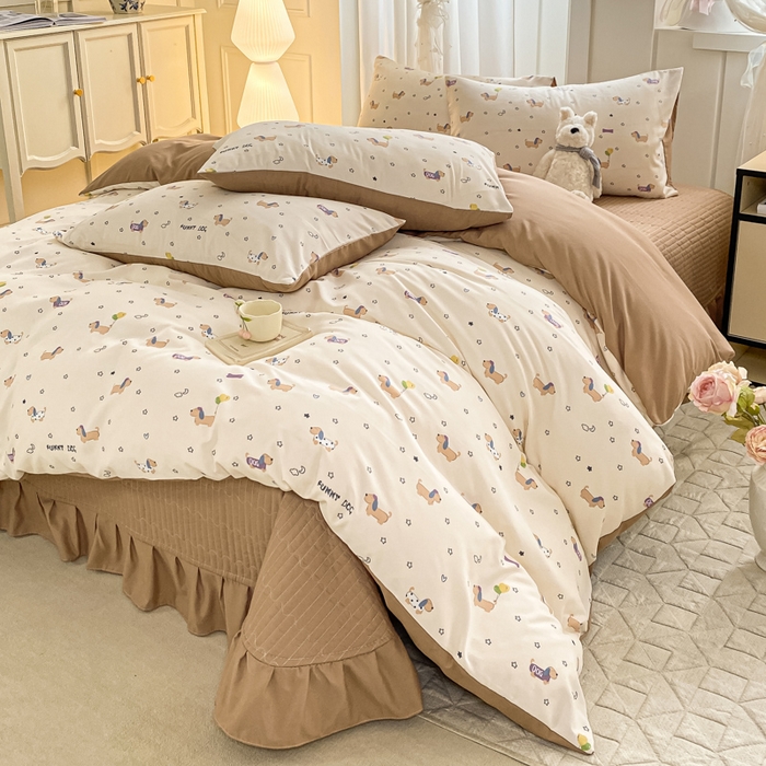 91家纺网 家纺一手货源 找家纺 一比一家纺 2025新款针织双层纱床盖四件套 狗狗家族