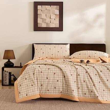 吾诺 2025 全棉印花单层纱大豆夏被四件套夏凉被空调被子被芯全棉夏被 格子草莓