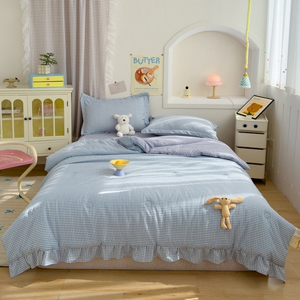 91家纺网 家纺一手货源 找家纺 默忆 2025新款水洗棉双层纱花边夏被夏凉被空调被被子被芯 蓝小格