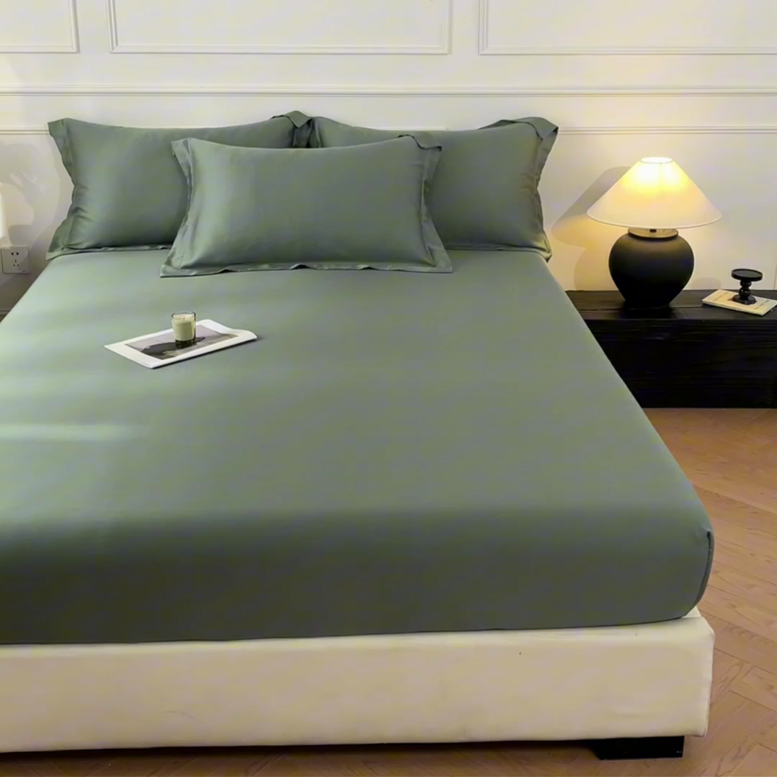 91家纺网 家纺一手货源 找家纺 涵宸2025新款天丝-天丝棉-纯色单床笠-场景1 床笠-赛琳绿